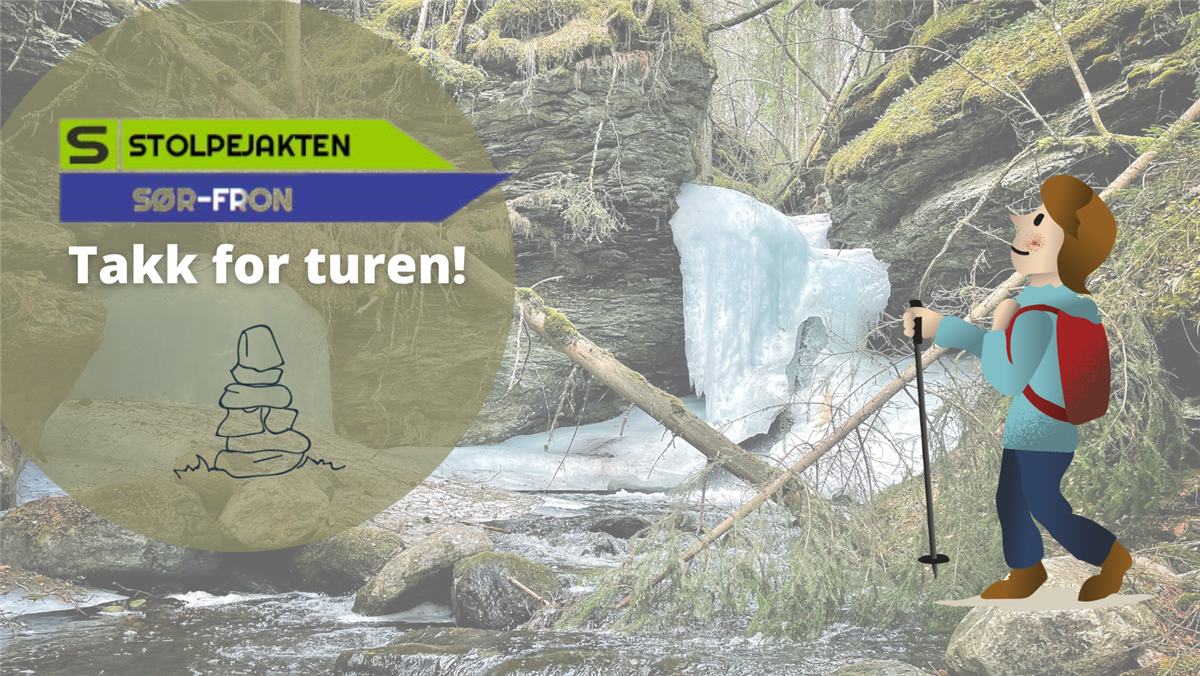 Illustrasjon: En person som står med sekk, stav og lue ved en islagt foss. - Klikk for stort bilde