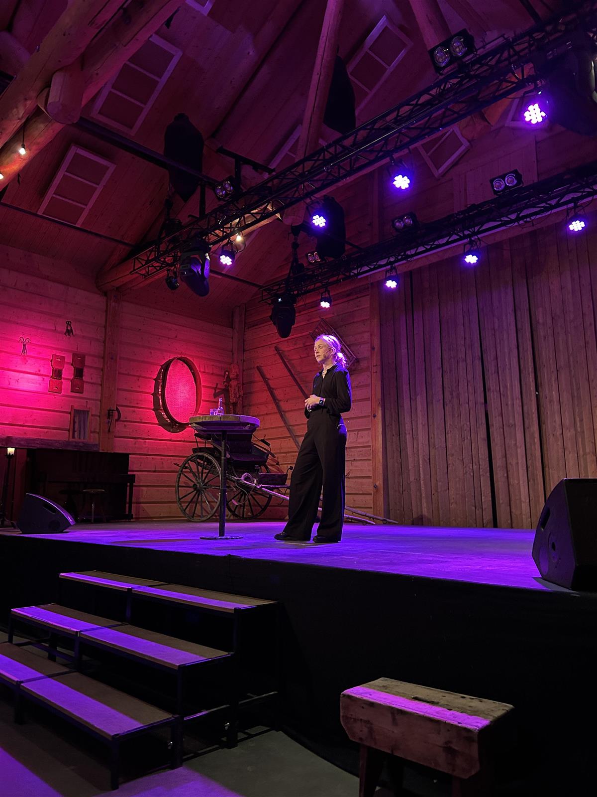 En dame som står på scenen og prater - Klikk for stort bilde